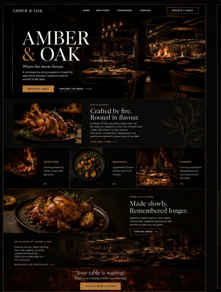 Amber and Oak concept on desktop: the home page.