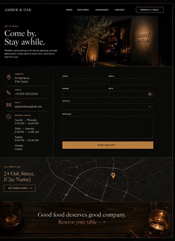 Amber and Oak concept on desktop: the contact page.