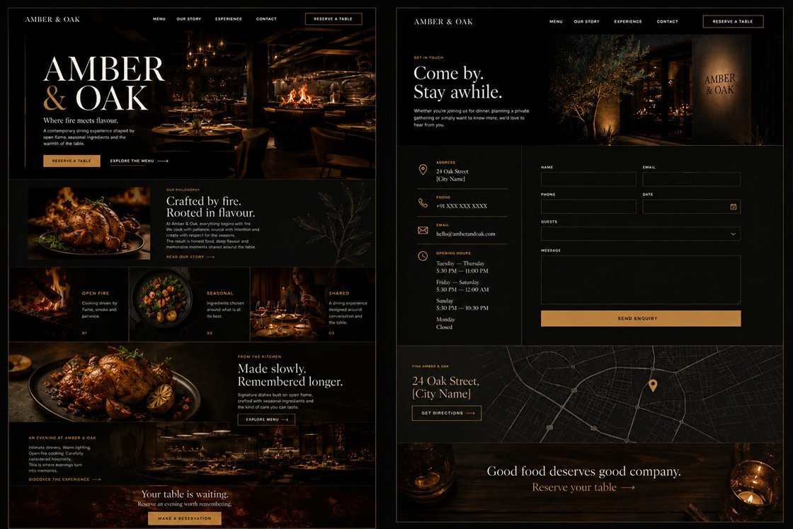 Amber and Oak restaurant concept on desktop: the home page and the contact page, dark with warm gold accents.