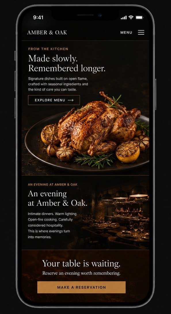 Amber and Oak concept on a phone: the menu and reservation screen.