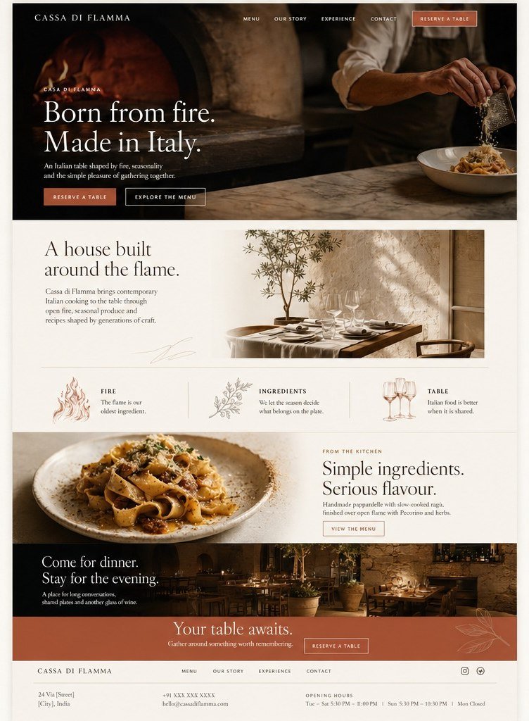 Cassa di Flamma concept on desktop: the home page.