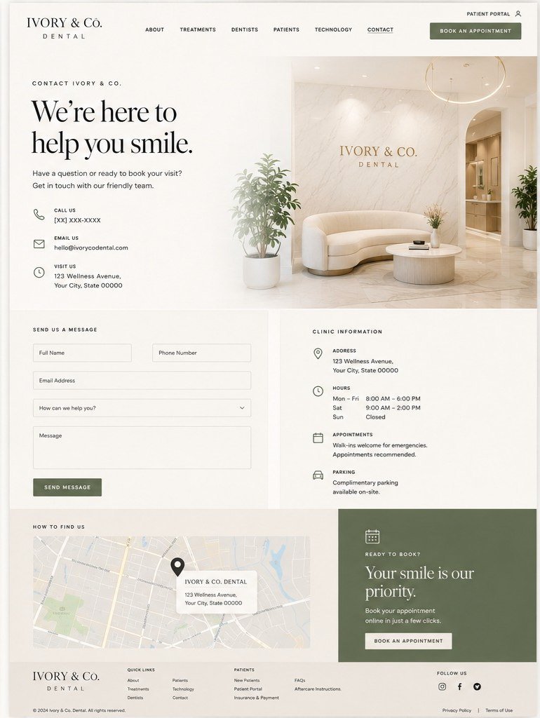 Ivory and Co. Dental concept on desktop: the contact page.