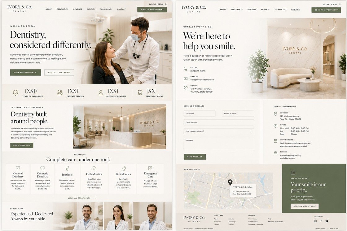 Ivory and Co. Dental concept on desktop: the home page and the contact page, warm off-white with a muted olive accent.
