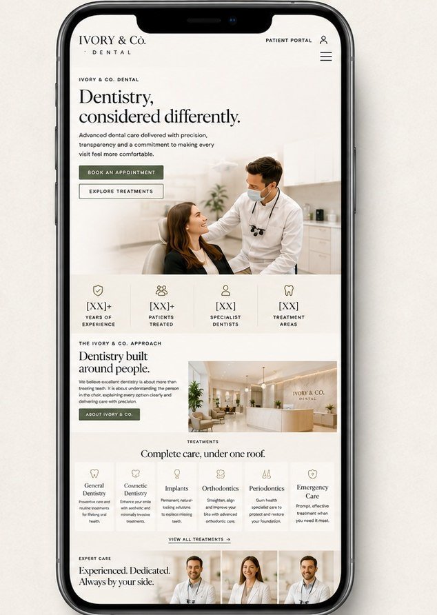 Ivory and Co. Dental concept on a phone: the home screen.