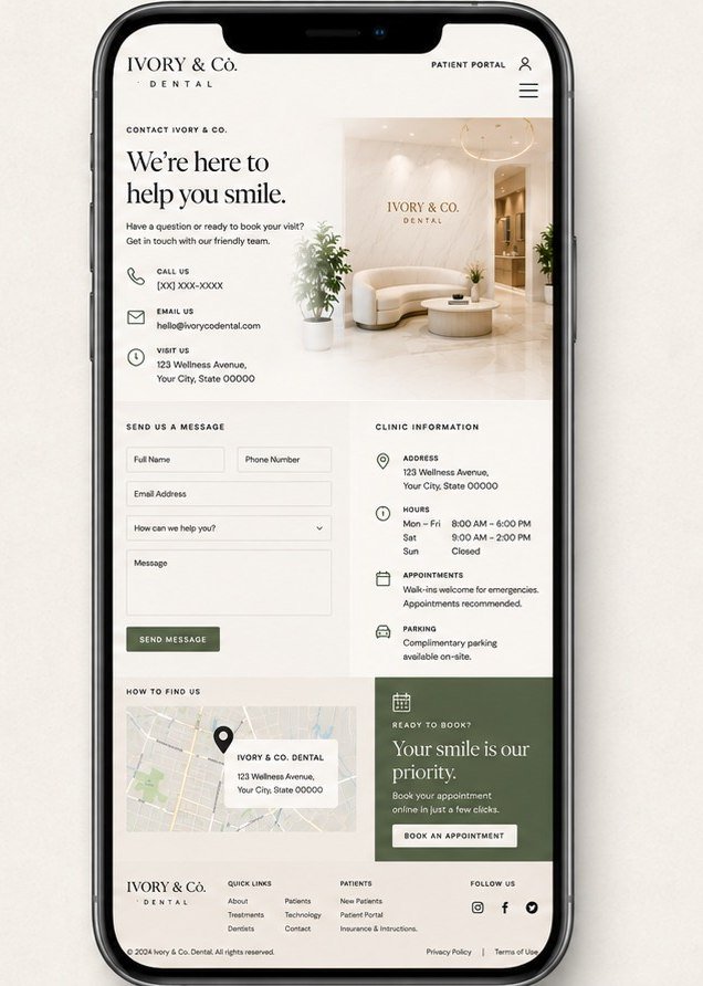 Ivory and Co. Dental concept on a phone: the contact screen.