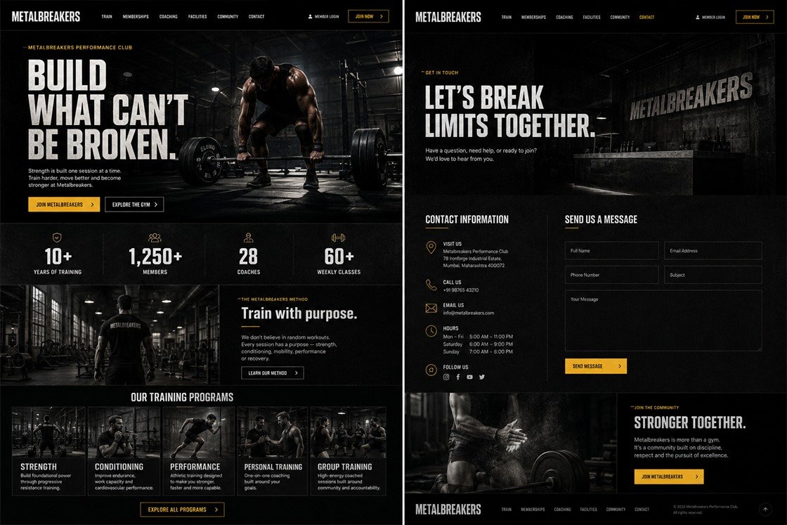 Metalbreakers, a fitness club website design concept, on desktop: the home page with a full-bleed training hero, a figures band and five programme cards, and the contact page, near-black with an amber accent.