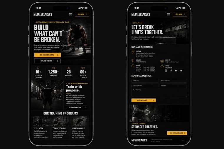 The same Metalbreakers concept on two phones: the home screen with the figures band intact, and the contact screen.