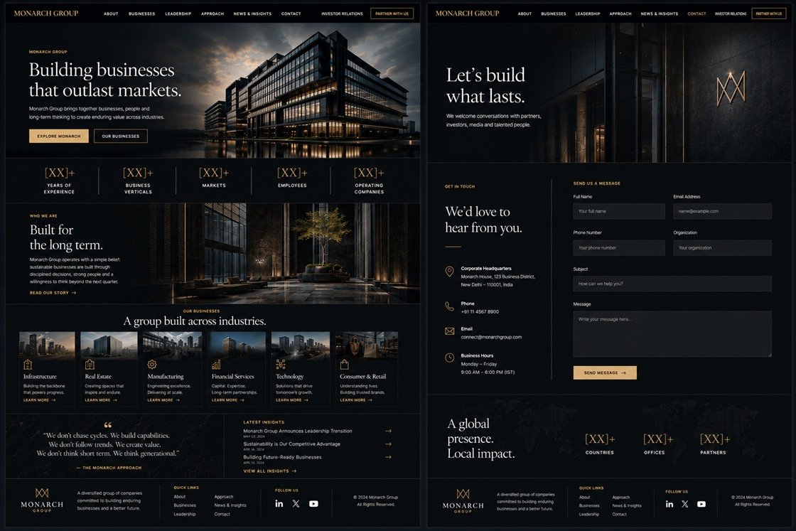 Monarch Group, a corporate group website design concept, on desktop: the home page with a figures band and six industry verticals, and the contact page with a global presence band, in near-black with a gold accent.