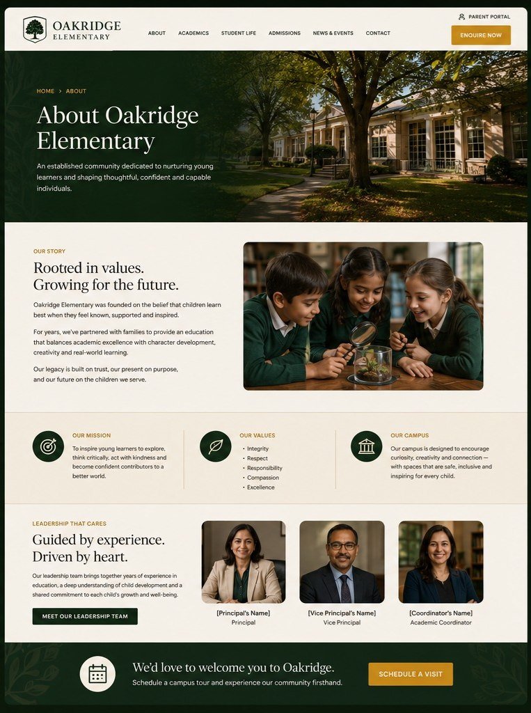 Oakridge Elementary concept on desktop: the about page.
