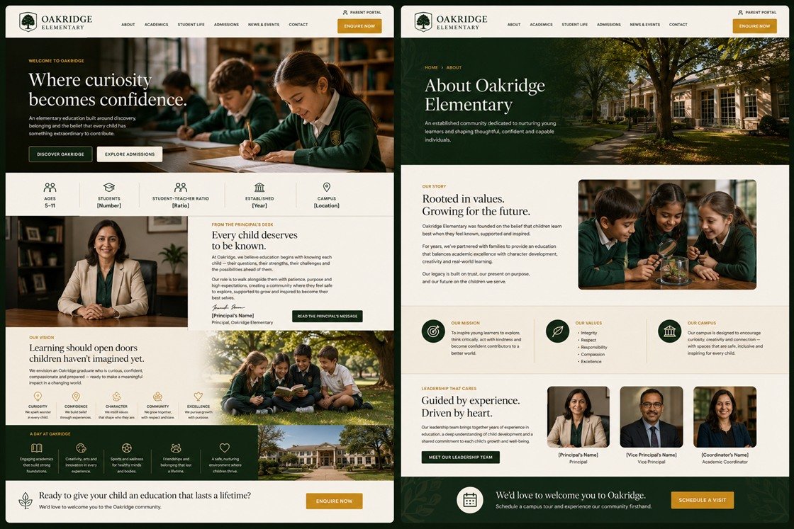 Oakridge Elementary, a school website design concept, on desktop: the home page with a stats band and the principal's message, and the about page with mission, values and leadership, in deep green and cream.