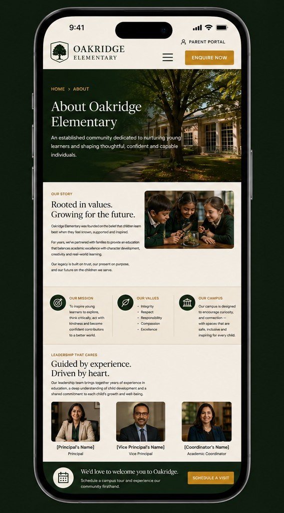 Oakridge Elementary concept on a phone: the about screen.
