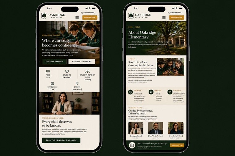 The same Oakridge concept on two phones: the home screen with the stats band reflowed, and the about screen.