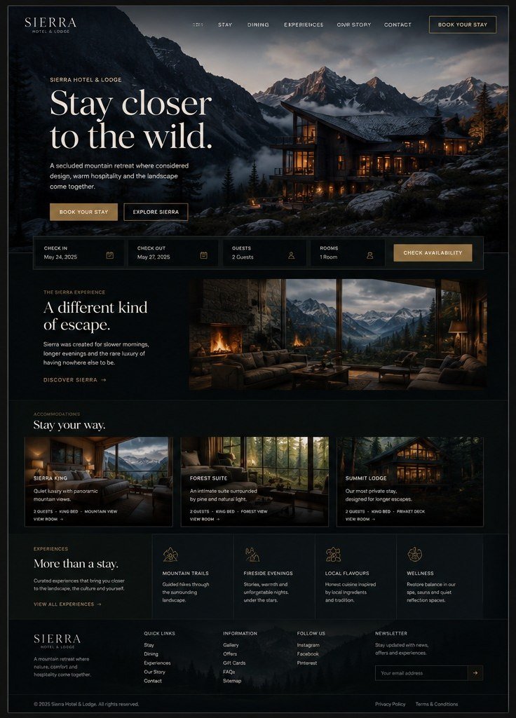 Sierra Hotel and Lodge concept on desktop: the home page.