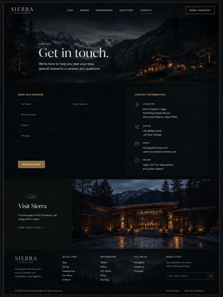 Sierra Hotel and Lodge concept on desktop: the contact page.