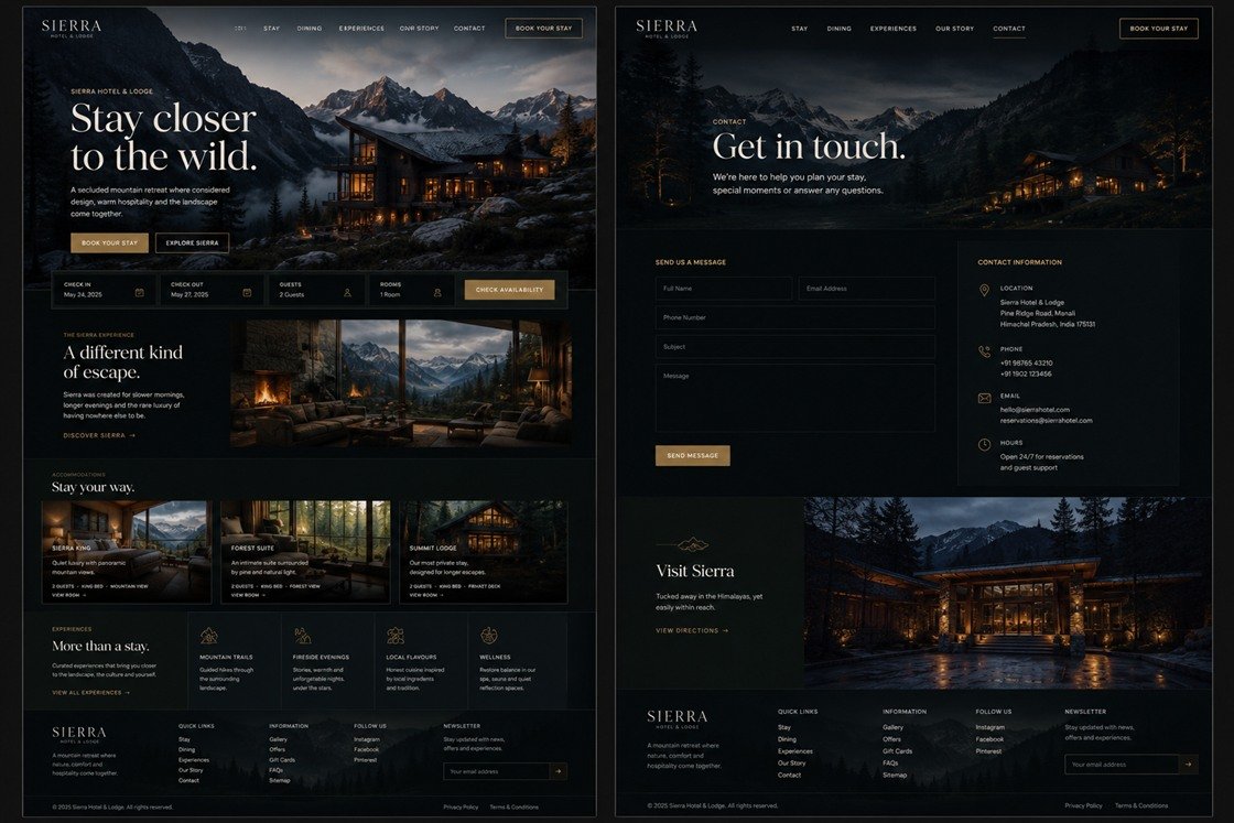 Sierra Hotel and Lodge concept on desktop: the home page and the contact page.