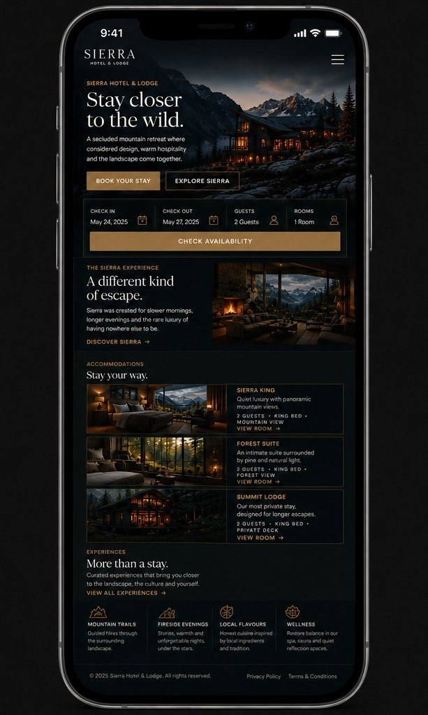 Sierra Hotel and Lodge concept on a phone: the home screen.
