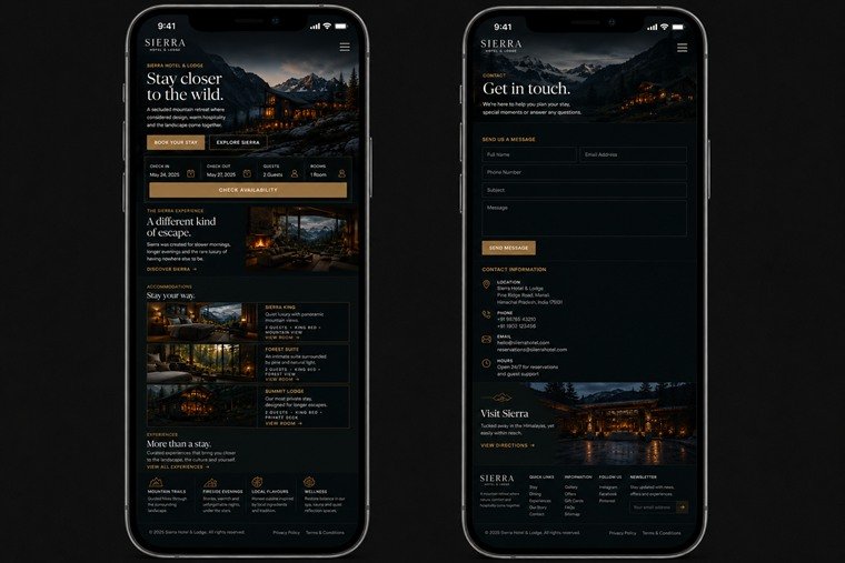 The same Sierra concept on two phones: the home screen with the availability bar and stacked room cards, and the contact screen.