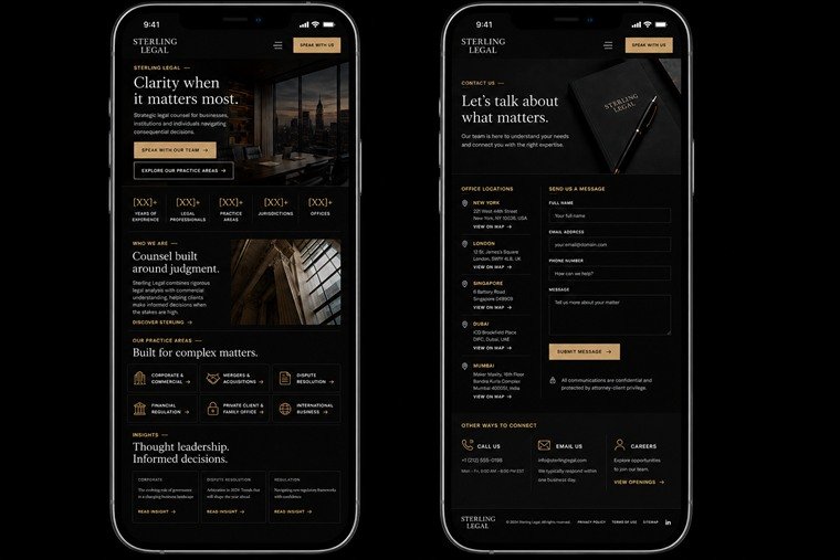 The same Sterling Legal concept on two phones: the home screen with the practice areas in three columns, and the contact screen with office locations above the form.